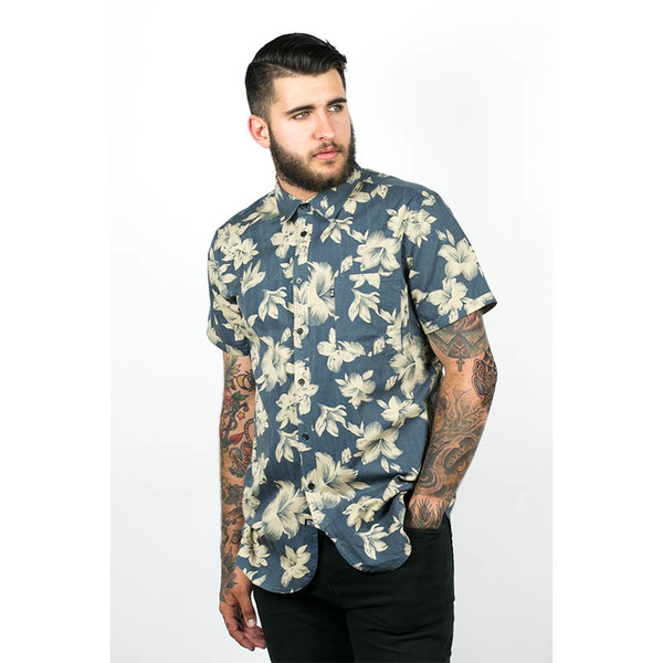 Men's Wolf & Man Malphite - blue beige hawaiian floral shirting Men's Wolf & Man Malphite - blue beige hawaiian floral shirting