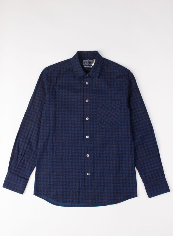 Men's Blue Blue Japan Indigo Houndstooth Flannel Over Printed Shirt Men's Blue Blue Japan Indigo Houndstooth Flannel Over Printed Shirt