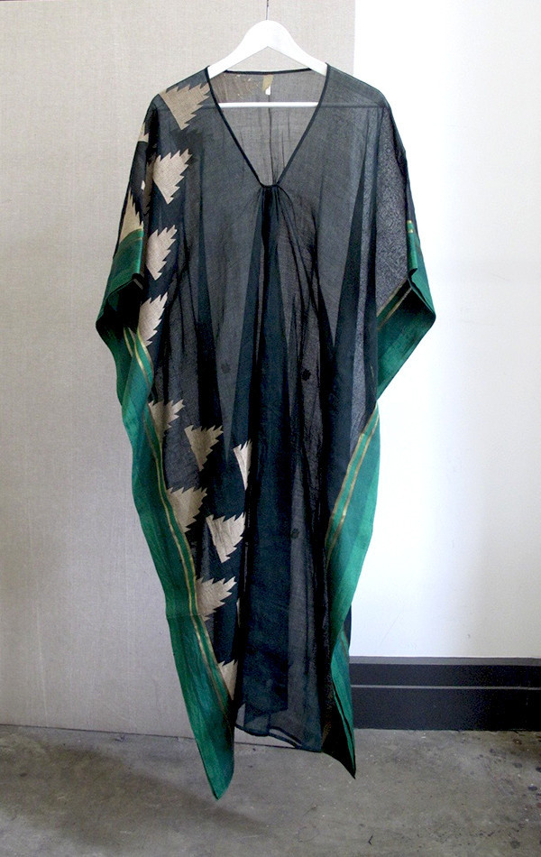 Two Black and green border sari caftan Two Black and green border sari caftan
