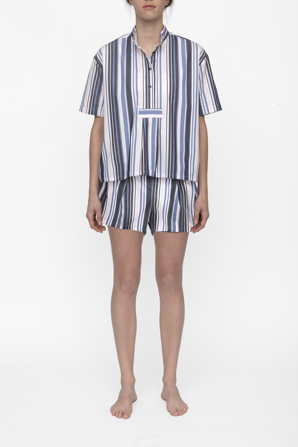 The Sleep Shirt Short Sleeve Cropped Sleep Shirt and Pleat Short Set Blue and Pink Stripe The Sleep Shirt Short Sleeve Cropped Sleep Shirt and Pleat Short Set Blue and Pink Stripe