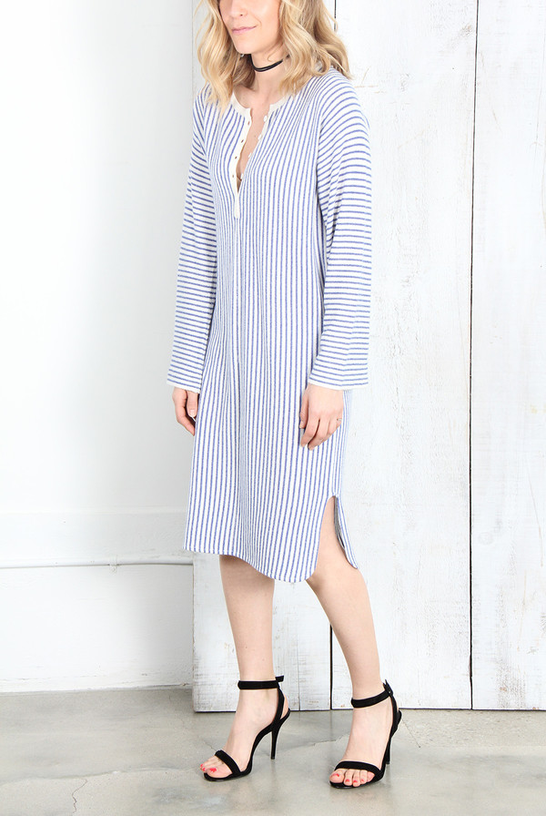 Raquel Allegra IVORY BLUE STRIPE CASHMERE HENLEY TUNIC DRESS Raquel Allegra IVORY BLUE STRIPE CASHMERE HENLEY TUNIC DRESS