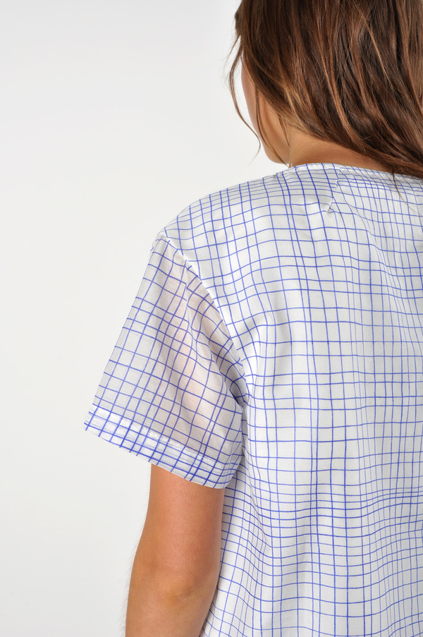 Waltz Drop Shoulder T-Shirt in Grid Print Cotton/Silk Voile Waltz Drop Shoulder T-Shirt in Grid Print Cotton/Silk Voile
