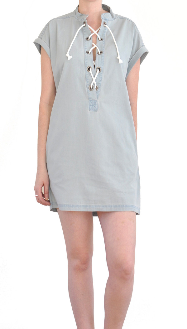 Courtshop "Kim" Lace Up Deep V Chambray Dress Courtshop "Kim" Lace Up Deep V Chambray Dress