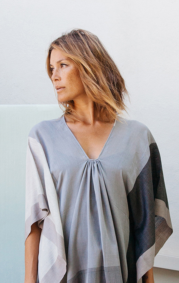 Two New York Gray color block caftan - fabric collaboration with sari designer Anavila Two New York Gray color block caftan - fabric collaboration with sari designer Anavila
