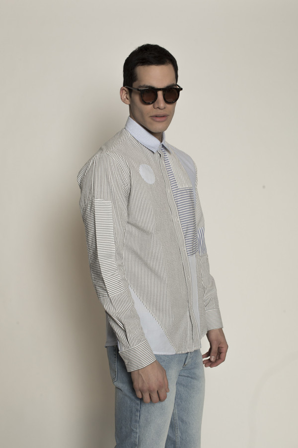 Men's Soulland Stitch Button Down Patchwork Shirt in Blue/White Men's Soulland Stitch Button Down Patchwork Shirt in Blue/White