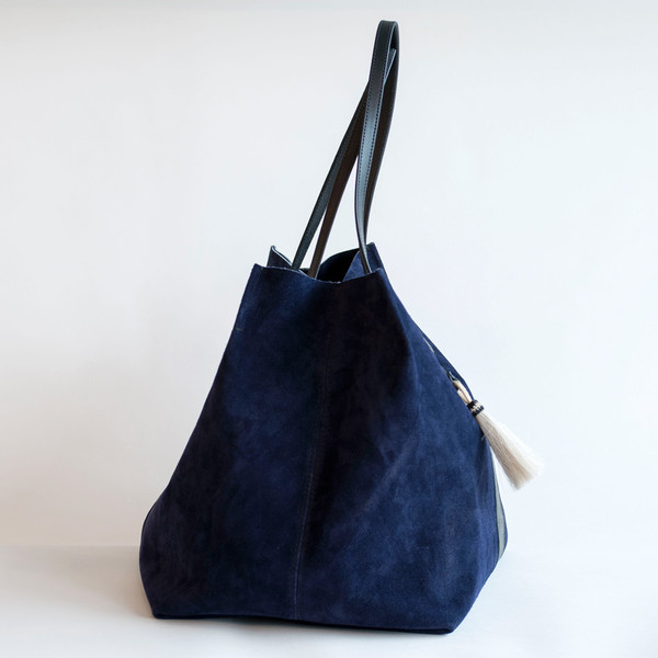 Kempton & Co Suede Stripe Leather Tote Navy/Black Kempton & Co Suede Stripe Leather Tote Navy/Black
