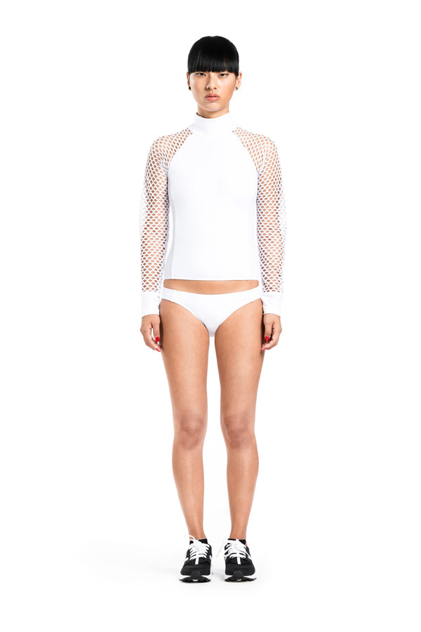 BETH RICHARDS Cara Top - White MOCK NECK RASH GUARD TOP WITH MESH SLEEVES BETH RICHARDS Cara Top - White MOCK NECK RASH GUARD TOP WITH MESH SLEEVES