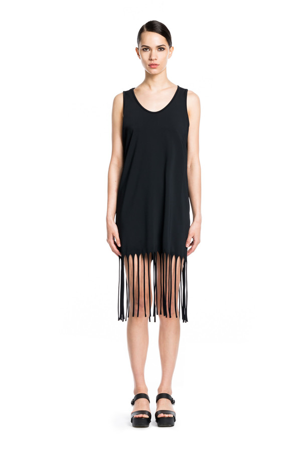 BETH RICHARDS Fringe Dress - Black MINIMAL SHIFT PULLOVER DRESS WITH FRINGE DETAIL ALONG HEM BETH RICHARDS Fringe Dress - Black MINIMAL SHIFT PULLOVER DRESS WITH FRINGE DETAIL ALONG HEM