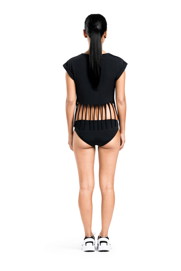 BETH RICHARDS Fringe Tee - Black ROLLED SLEEVE TEE WITH FRINGE DETAIL ALONG HEM BETH RICHARDS Fringe Tee - Black ROLLED SLEEVE TEE WITH FRINGE DETAIL ALONG HEM