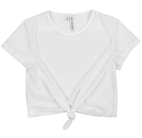 BETH RICHARDS T.H.P. Mesh Crop Tee - White KNOTTED MESH T-SHIRT WITH LOGO ON BACK BETH RICHARDS T.H.P. Mesh Crop Tee - White KNOTTED MESH T-SHIRT WITH LOGO ON BACK
