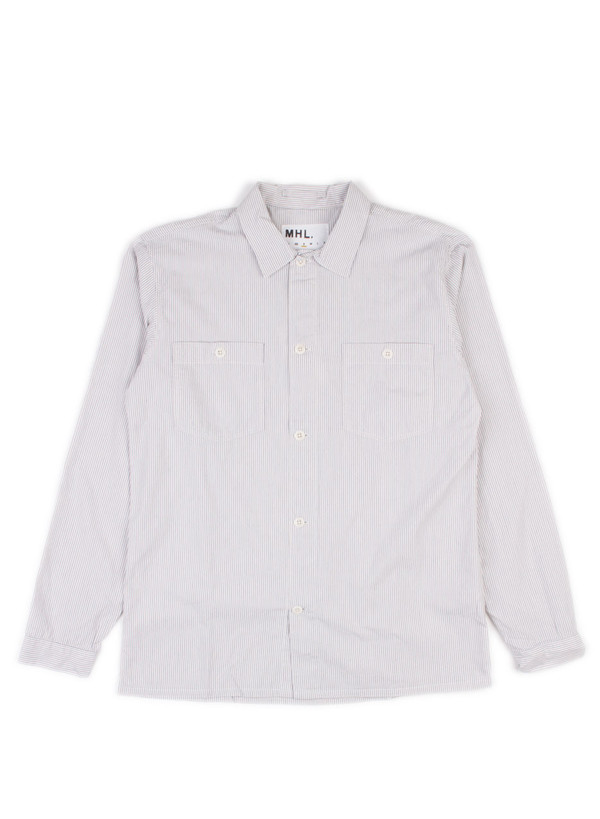 Men's MHL Margaret Howell Inverted Pleat Shirt Narrow Stripe Ecru/Blue Men's MHL Margaret Howell Inverted Pleat Shirt Narrow Stripe Ecru/Blue