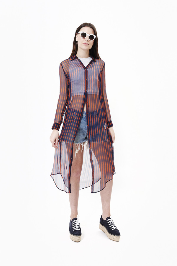 Nanushka Siiri Long Shirt Dress in Navy/Red Stripe Nanushka Siiri Long Shirt Dress in Navy/Red Stripe