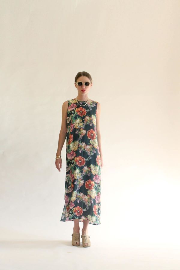 Strathcona Long Silk High Neck Dress in Watercolour Bouquet Strathcona Long Silk High Neck Dress in Watercolour Bouquet