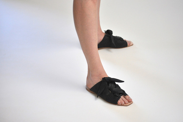 The Palatines Texo sandal - Black hex leather with shiny black ties The Palatines Texo sandal - Black hex leather with shiny black ties