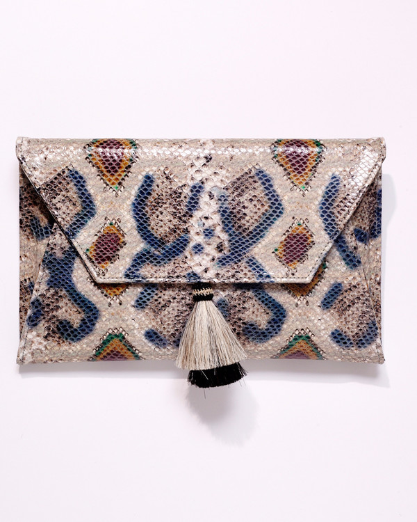 OLIVEVE cleo envelope clutch in jewel cobra cow leather with horsehair tassel OLIVEVE cleo envelope clutch in jewel cobra cow leather with horsehair tassel