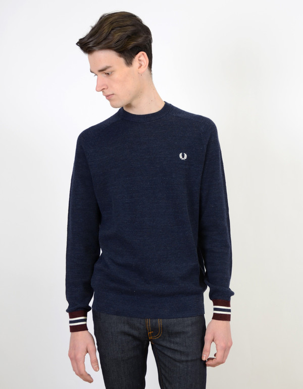 Men's Fred Perry Textured Pique Crew Neck Navy Marl Men's Fred Perry Textured Pique Crew Neck Navy Marl