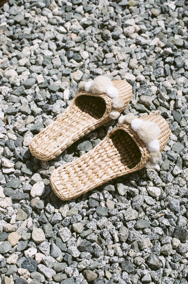 Folk Fortune Straw Slippers - wool pom pom Folk Fortune Straw Slippers - wool pom pom