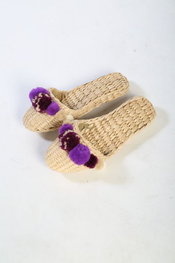 Folk Fortune taupe and plum pom pom slippers Folk Fortune taupe and plum pom pom slippers