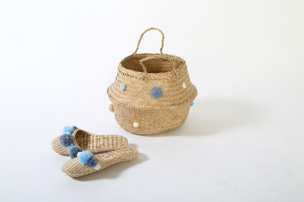 Folk Fortune handwoven slippers with Serenity blue pom poms Folk Fortune handwoven slippers with Serenity blue pom poms