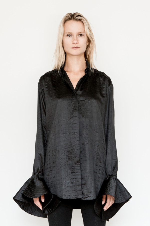 Area Ruffle Sleeve Embossed Blouse Area Ruffle Sleeve Embossed Blouse