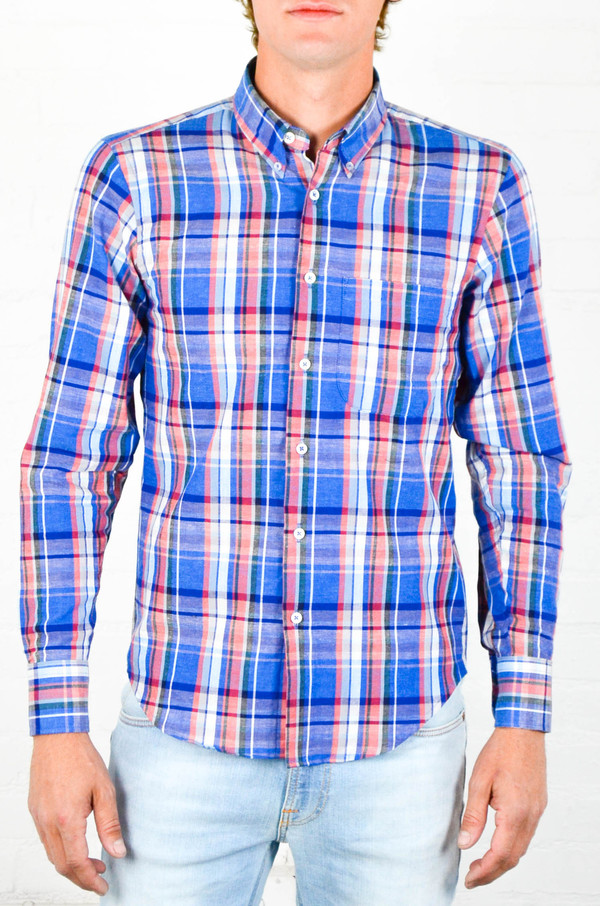 Men's Naked and Famous Airy Cotton and Linen Blend Madras RegularShirt Men's Naked and Famous Airy Cotton and Linen Blend Madras RegularShirt