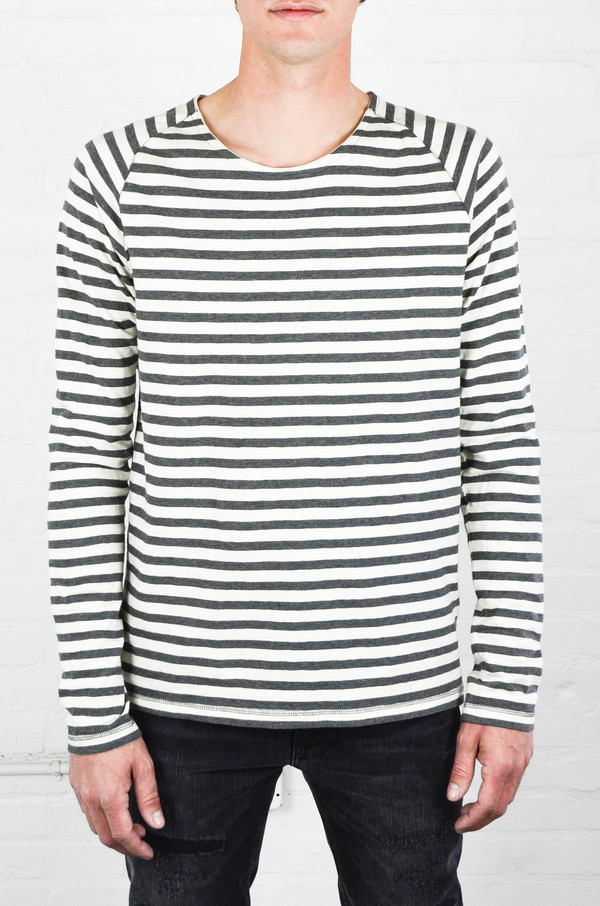 Men's Nudie Off White and Grey Bold Stripe Otto Raglan Men's Nudie Off White and Grey Bold Stripe Otto Raglan