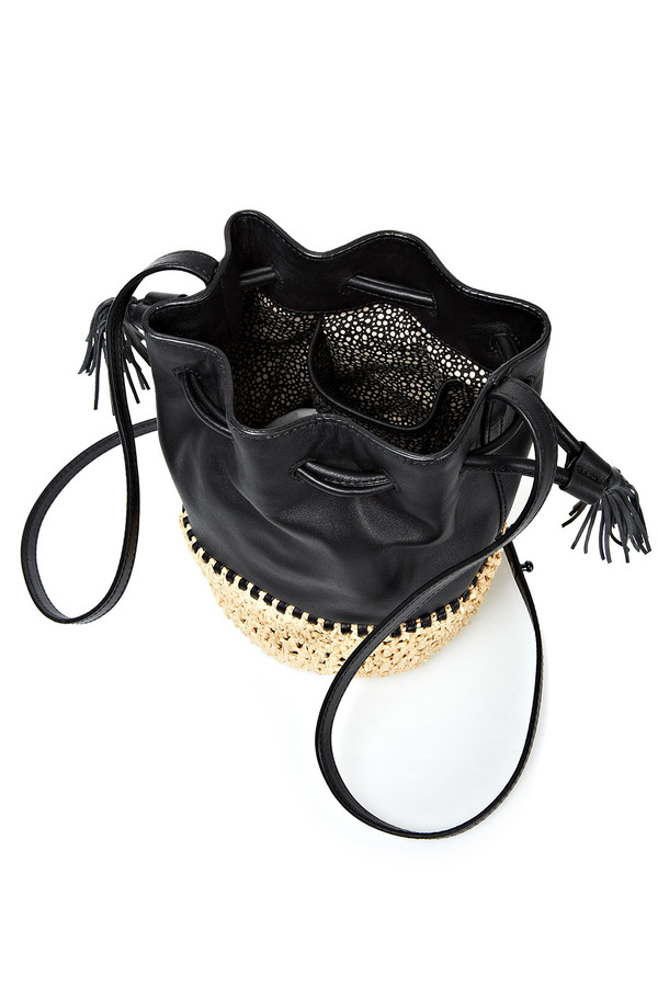 Loeffler Randall - Black Leather Bucket Bag With Woven Raffia Loeffler Randall - Black Leather Bucket Bag With Woven Raffia