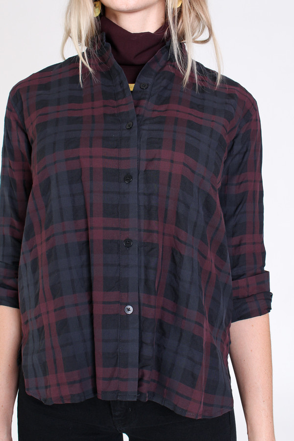 Steven Alan Band collar shirt in black/burgundy Steven Alan Band collar shirt in black/burgundy