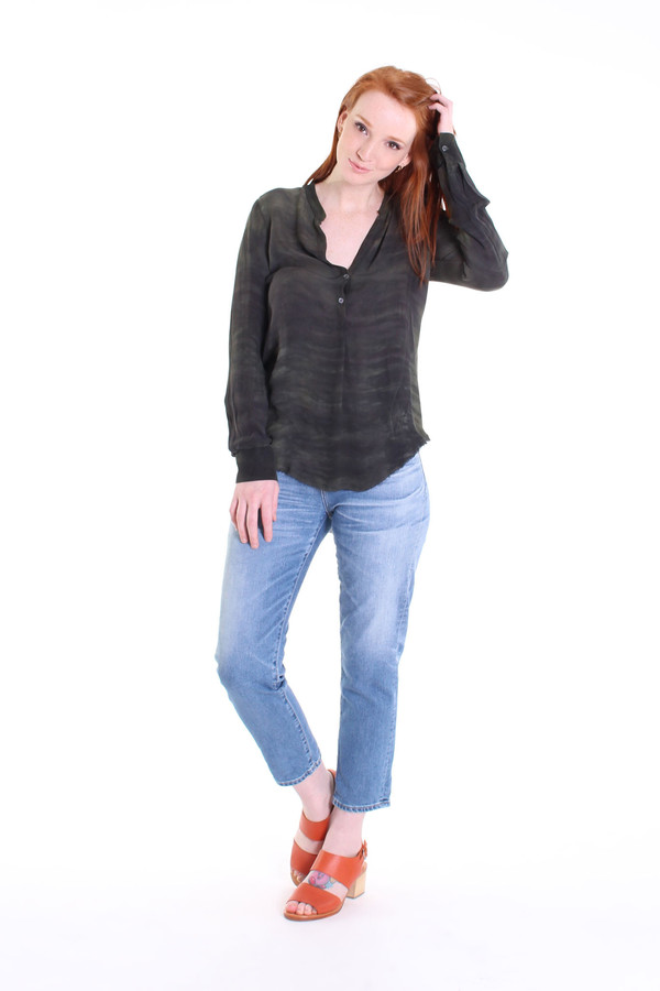 Raquel Allegra Georgette henley blouse in olive Raquel Allegra Georgette henley blouse in olive