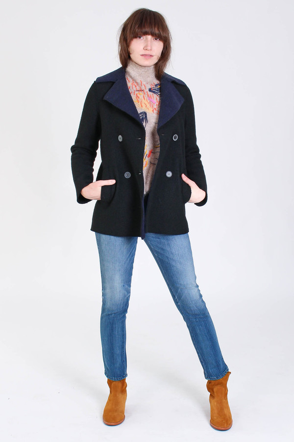 Harris Wharf London Long peacoat with shearling lining in black Harris Wharf London Long peacoat with shearling lining in black