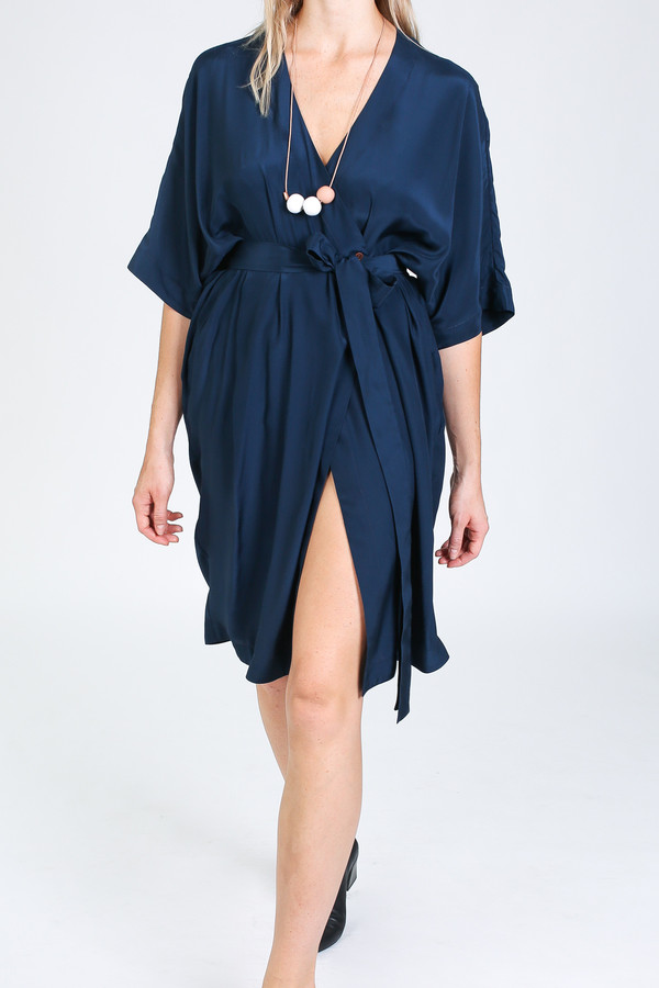 Vincetta Knee Length Kimono Dress in navy Vincetta Knee Length Kimono Dress in navy