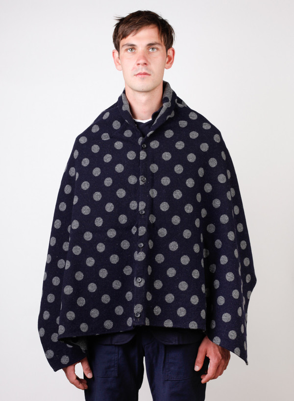 Engineered Garments Button Shawl Navy/Grey Polka Dot Jacquard Engineered Garments Button Shawl Navy/Grey Polka Dot Jacquard