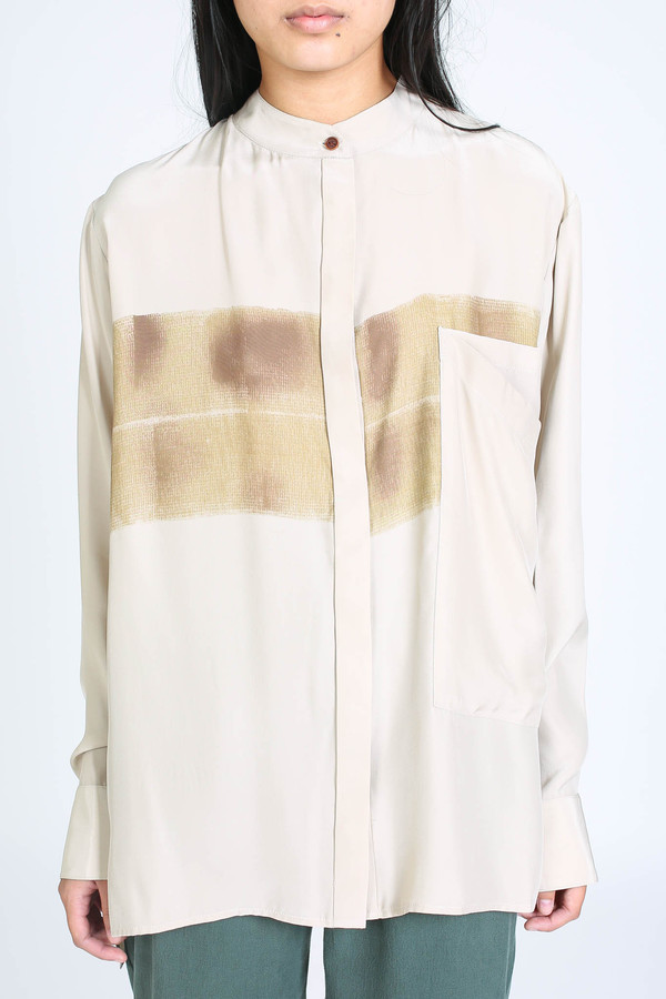 Vincetta Print banded collar shirt in sand Vincetta Print banded collar shirt in sand