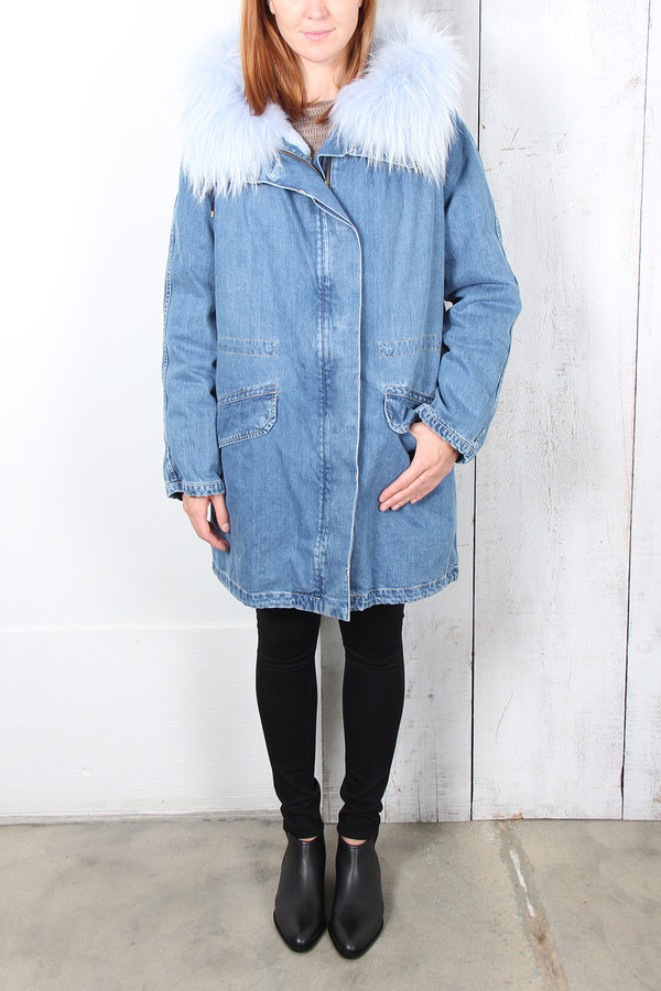Yves Salomon BLUE FUR-LINED DENIM PARKA Yves Salomon BLUE FUR-LINED DENIM PARKA