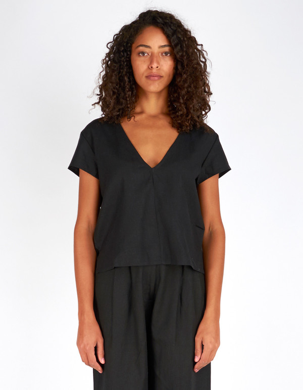 Ali Golden Raw Silk V-Neck Top Black Ali Golden Raw Silk V-Neck Top Black