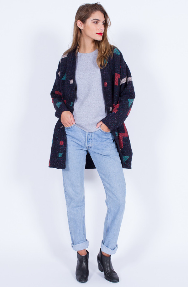 Yo Vintage! NAVY WOOL SHAPES KNIT COATIGAN (ONE SIZE) Yo Vintage! NAVY WOOL SHAPES KNIT COATIGAN (ONE SIZE)