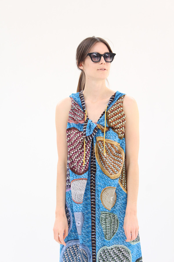 Hui Hui Silk Overall Dress Blue Basket Print Hui Hui Silk Overall Dress Blue Basket Print