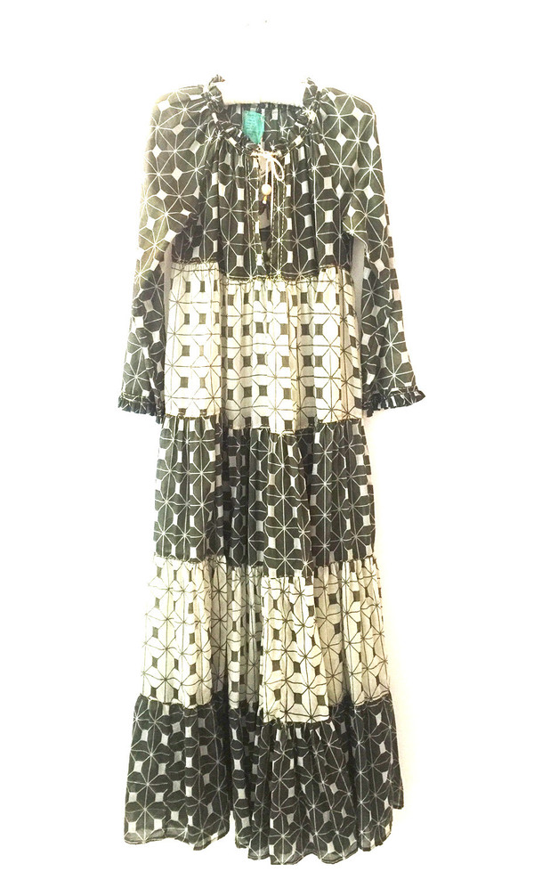 Yvonne S Sheer Maxi Hippy Dress - Khaki Green Block Yvonne S Sheer Maxi Hippy Dress - Khaki Green Block