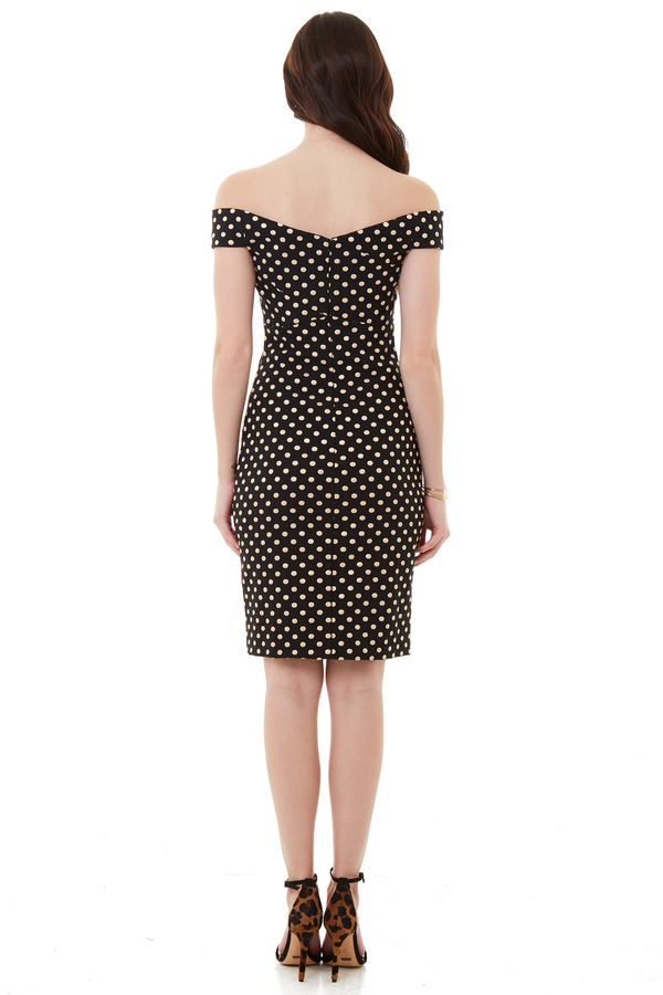 Nicole Miller Off the Shoulder Dress Black and Gold Polka Dot Nicole Miller Off the Shoulder Dress Black and Gold Polka Dot