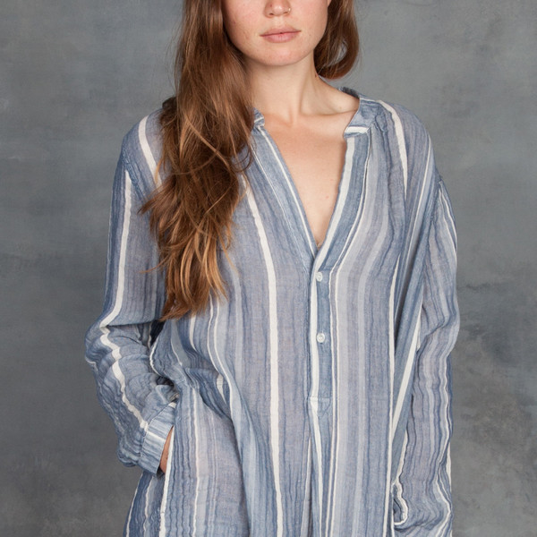 Raquel Allegra Cotton Gauze Henley Dress in Blue Stripe Raquel Allegra Cotton Gauze Henley Dress in Blue Stripe