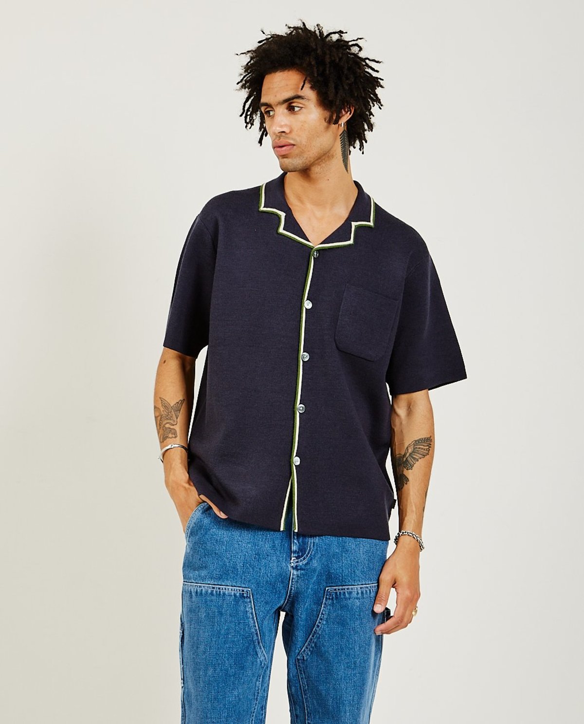 Stussy Stripe Edge Knit Shirt - NAVY 