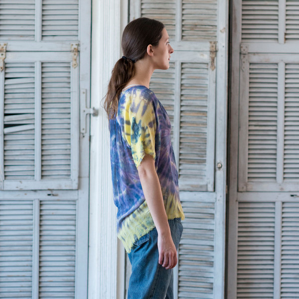 Raquel Allegra Tie Dye Short Sleeve Shirred Blouse Raquel Allegra Tie Dye Short Sleeve Shirred Blouse
