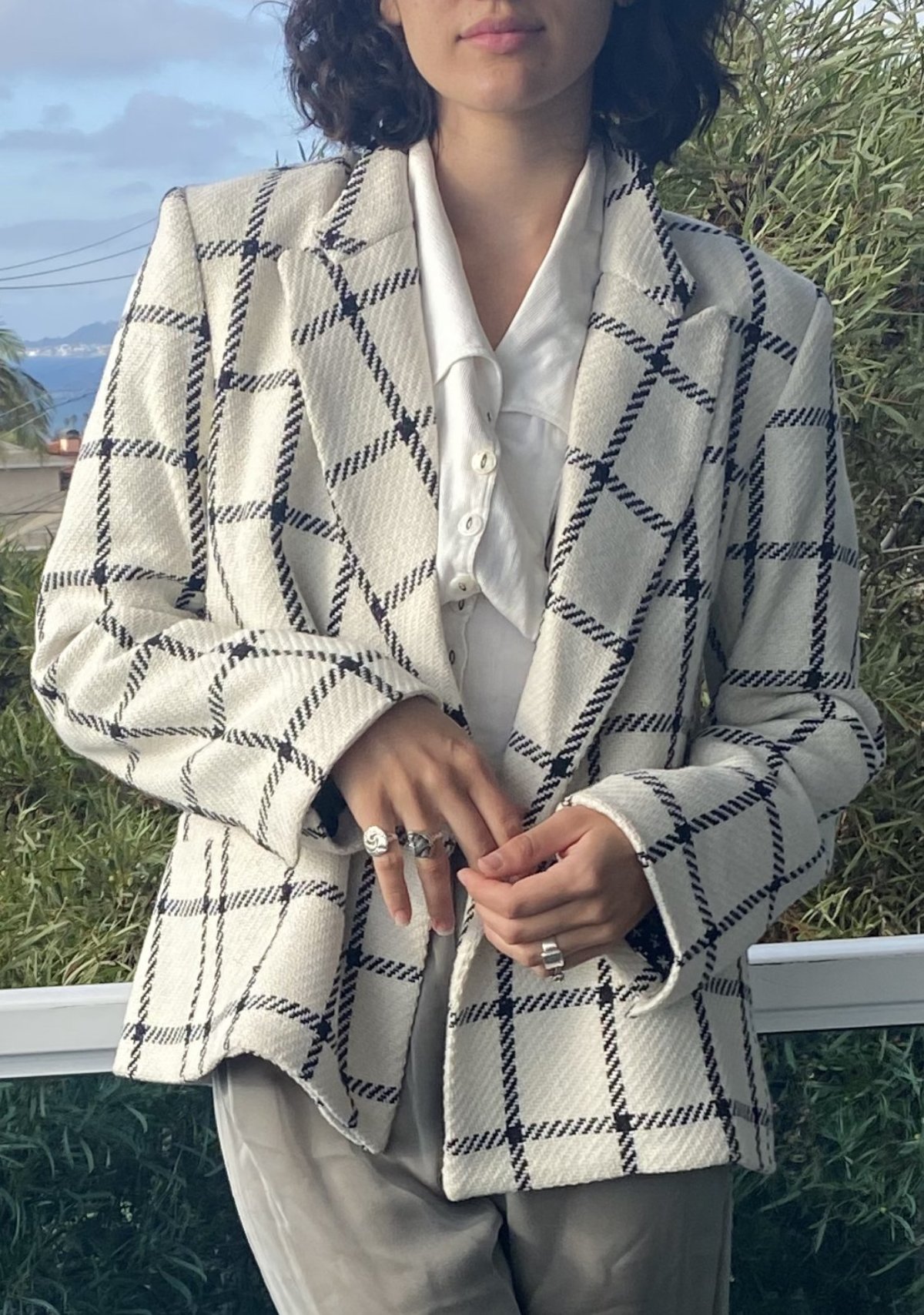 cream checked blazer
