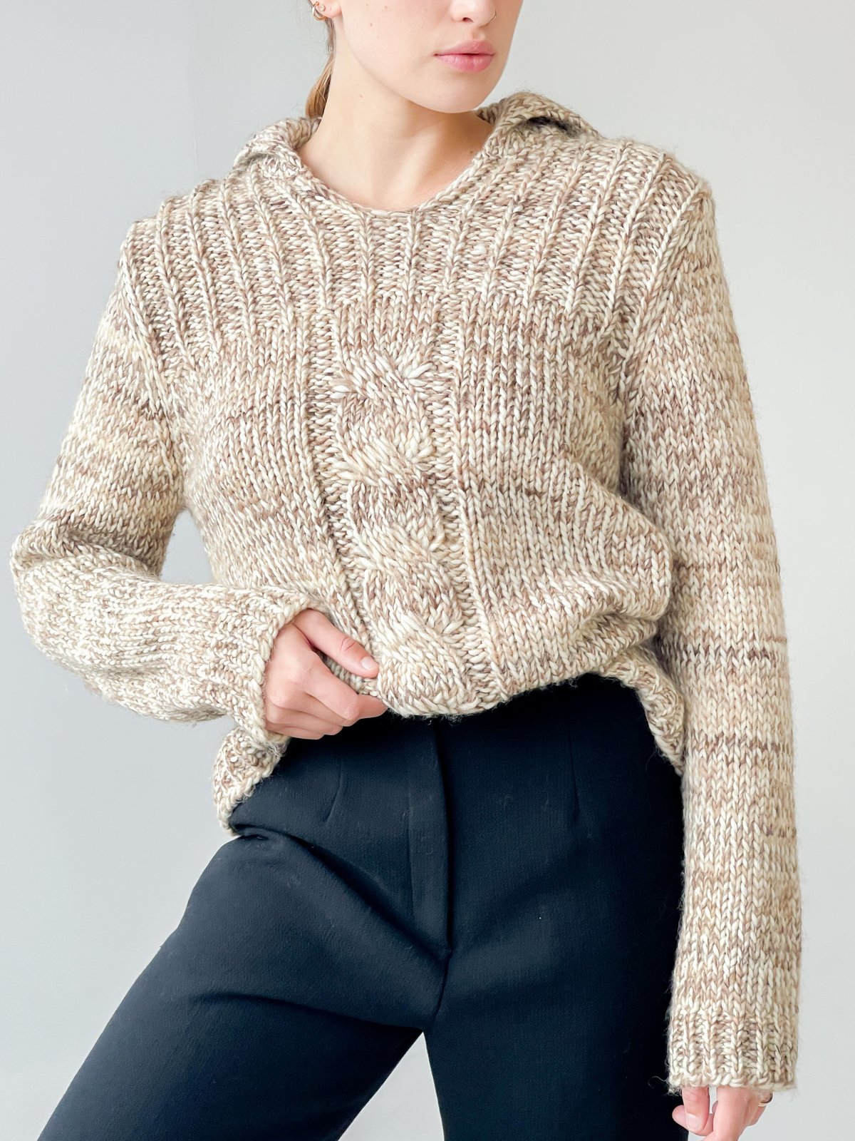 Hand Knit Sailor Collar Sweater - Ecru 