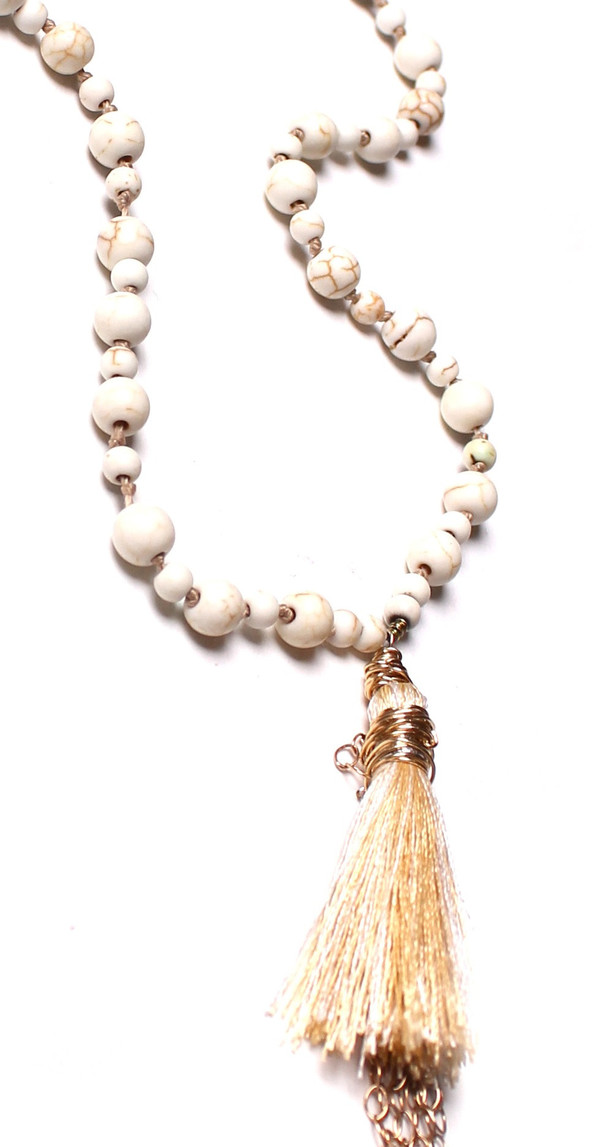 James and Jezebelle Howlite Beads & Gold Tassel Necklace James and Jezebelle Howlite Beads & Gold Tassel Necklace