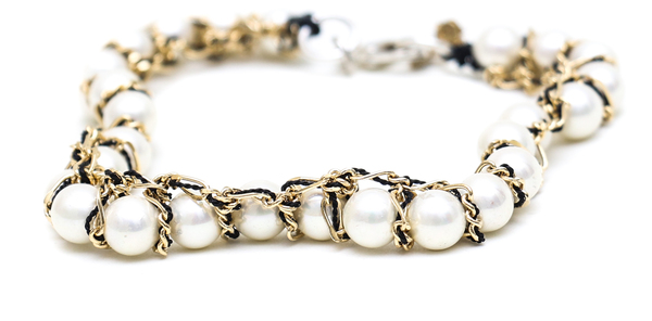 Alyssa Norton Crocheted Pearl Bracelet with Black Thread and Gold Chains Alyssa Norton Crocheted Pearl Bracelet with Black Thread and Gold Chains